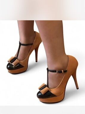 Two-Tone Suede T-Strap Heels in Camel and Black
